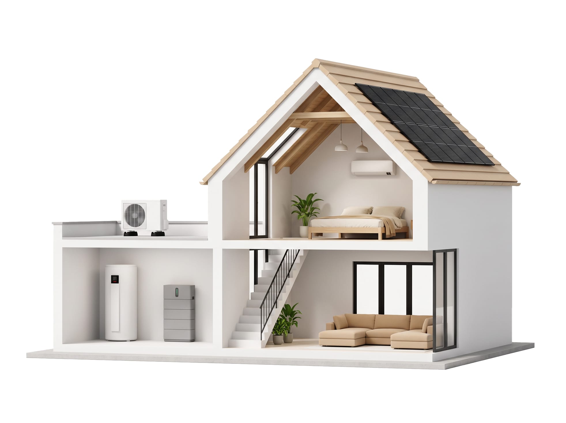 Maison Brandt Energy en coupe : panneaux solaires, batterie, pompe à chaleur, ballon thermodynamique